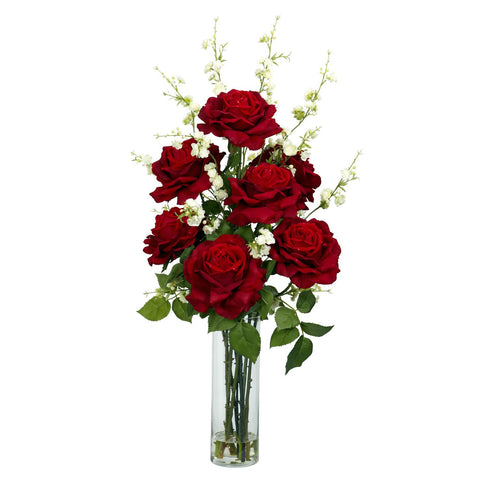 Roses w-Cherry Blossoms Silk Flower Arrangement