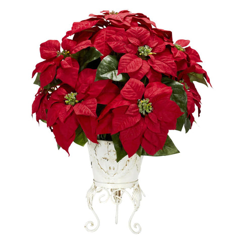 Poinsettia w-Metal Planter Silk Flower Arrangement