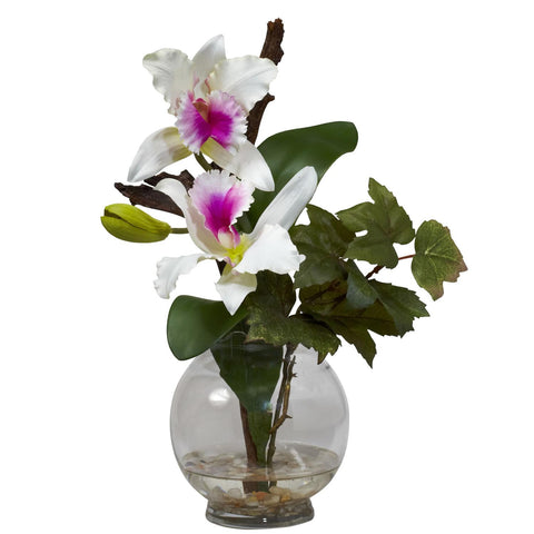 Mini Cattleya w-Fluted Vase Silk Flower Arrangement