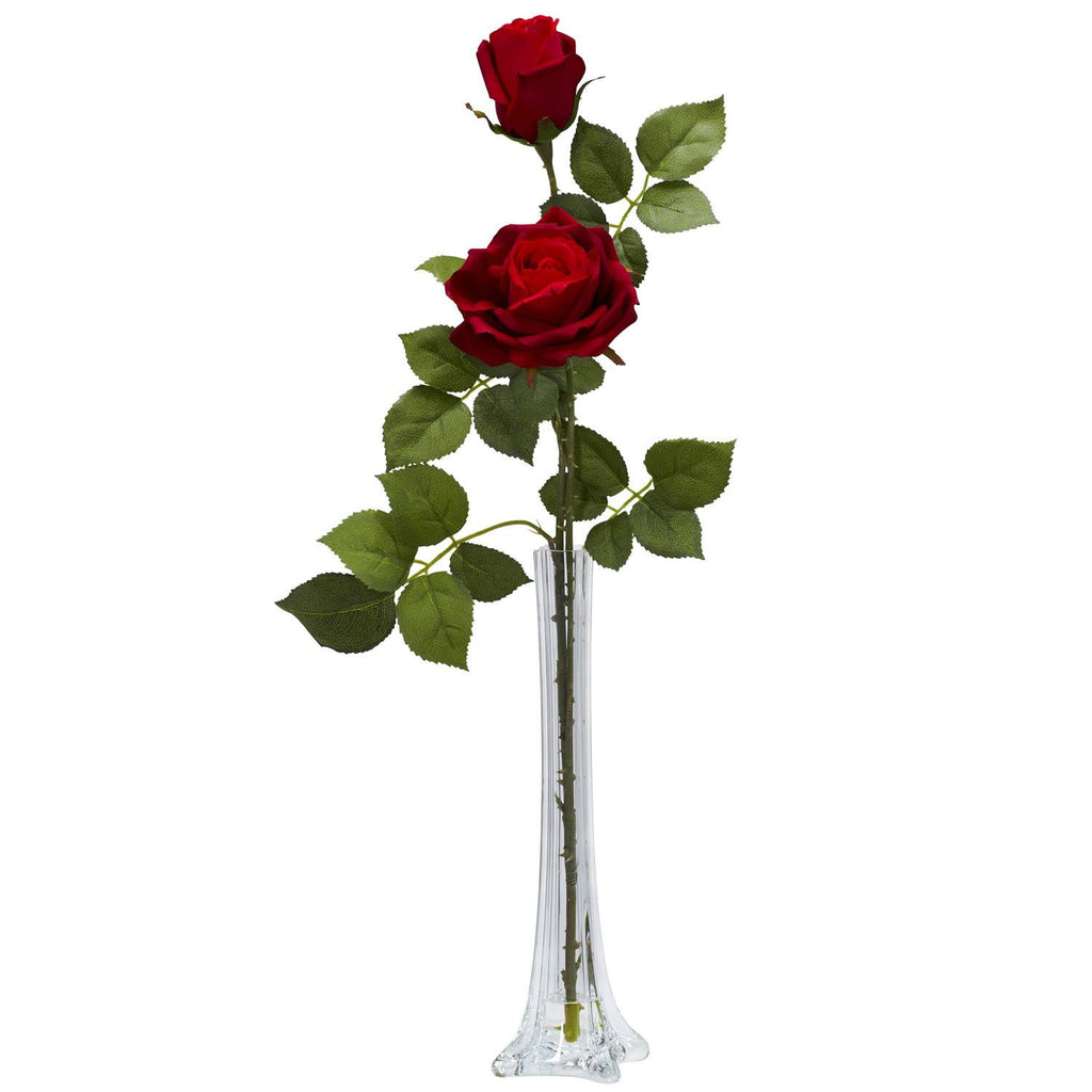 Roses w-Tall Bud Vase Silk Flower Arrangement