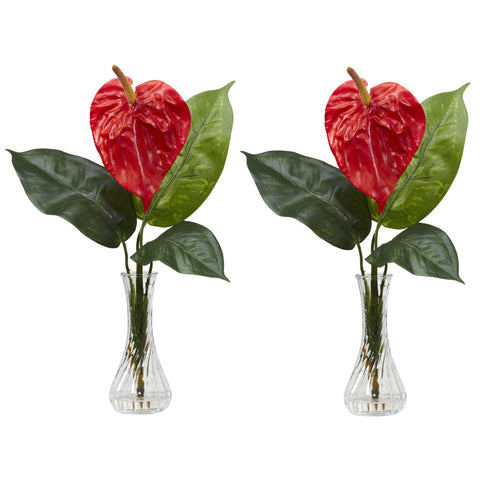 Anthurium w-Bud Vase Silk Flower Arrangement (Set of 2)