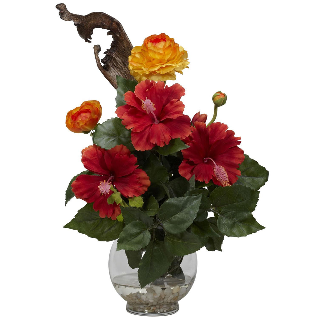 Hibiscus & Ranunculus w-Fluted Bowl Silk Flower Arrangement