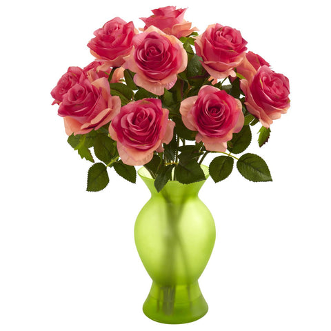 Roses w-Colored Glass Vase