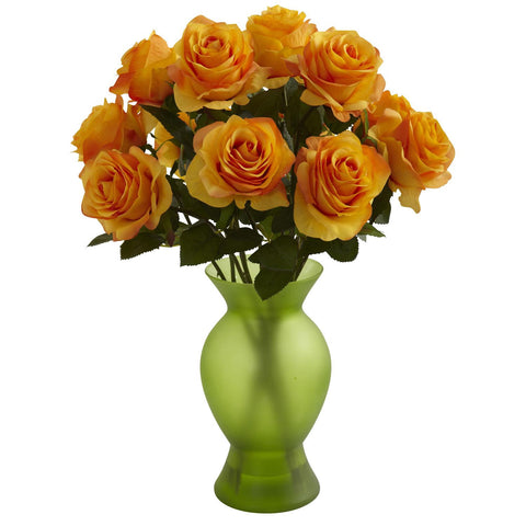 Roses w-Colored Glass Vase