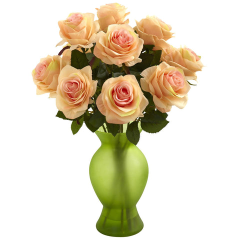 Roses w-Colored Glass Vase