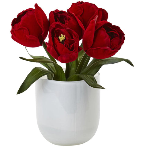 Tulips w-White Glass Vase