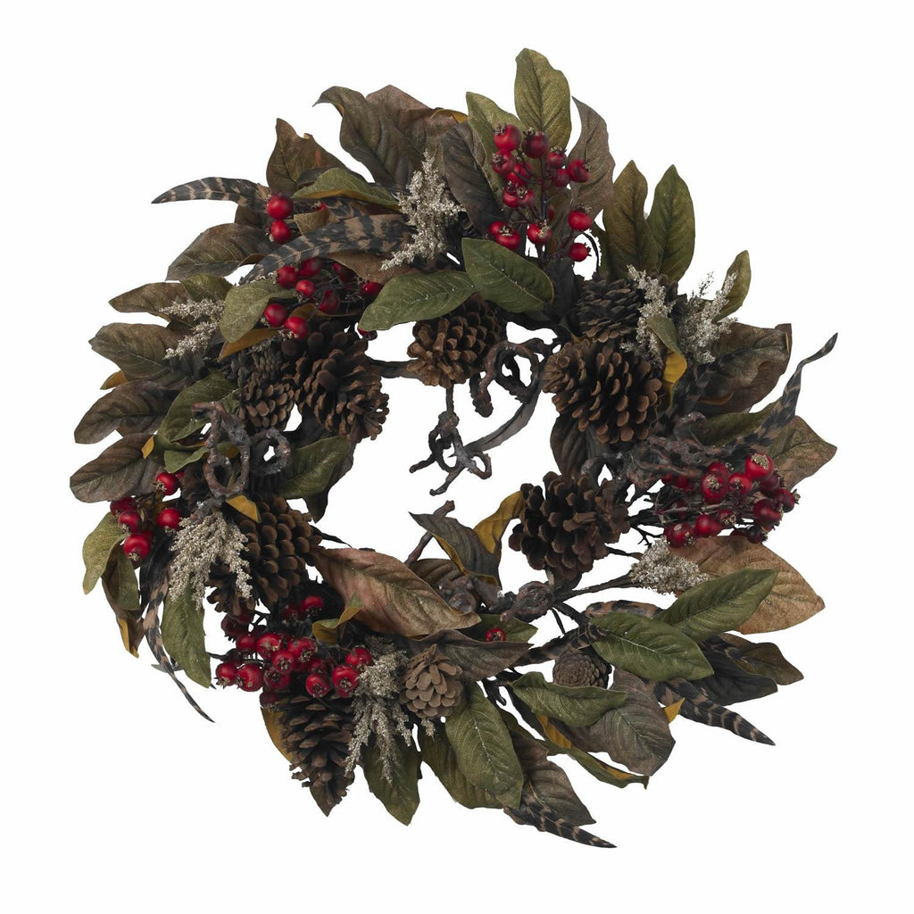 24" Pinecone, Berry & Feather Wreath