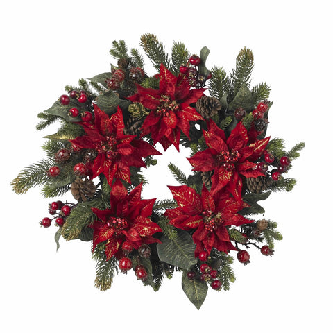 24" Poinsettia & Berry Wreath