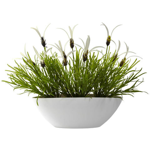 Grass & White Floral w-White Planter (Indoor-Outdoor)