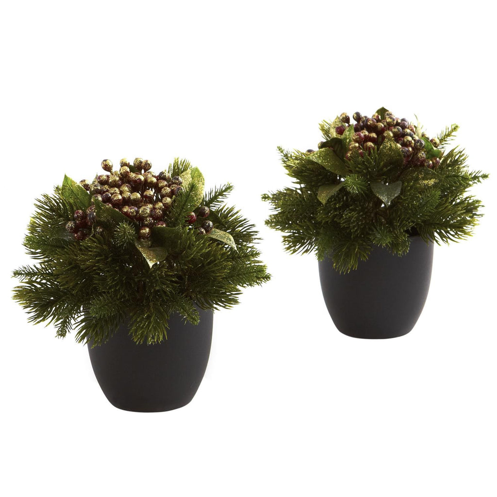 Pine & Berries w-Black Planter (Set of 2)