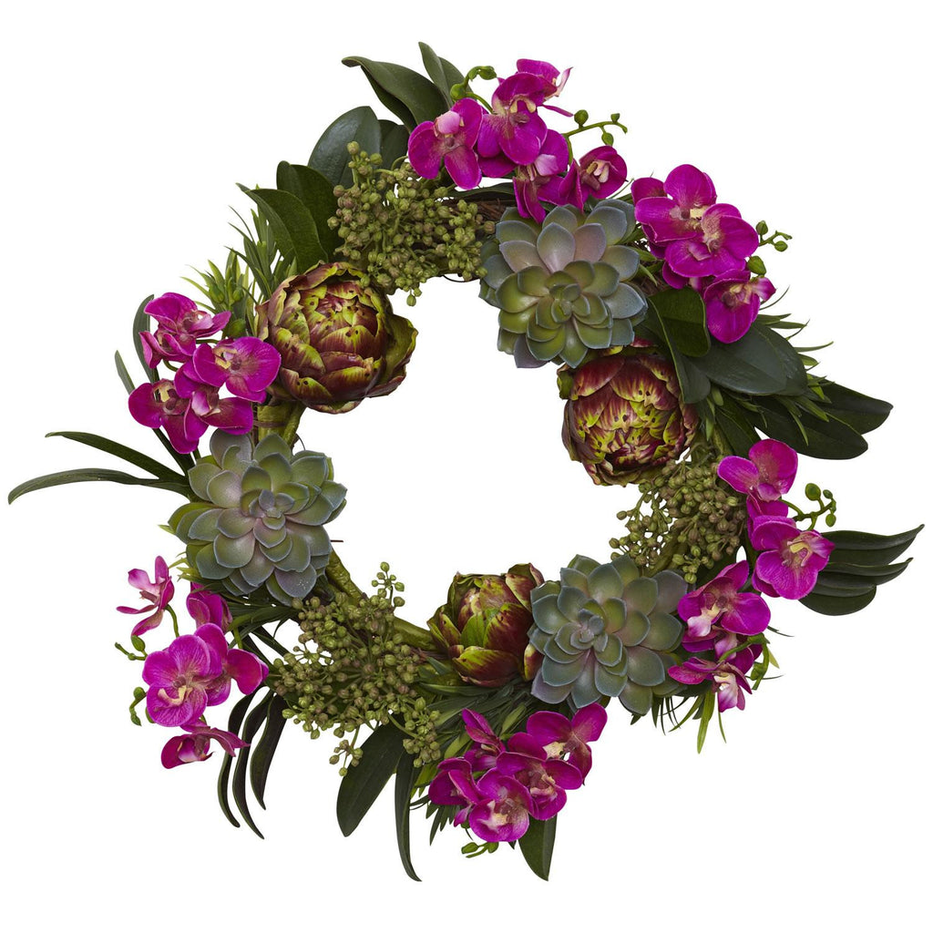 20" Orchid, Artichoke & Succulent Wreath