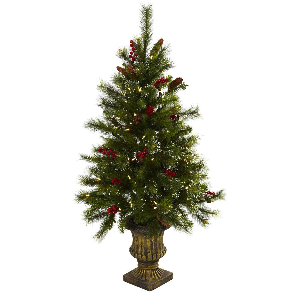 4' Christmas Tree w-Berries, Pine Cones, LED Lights & Decorative Urn