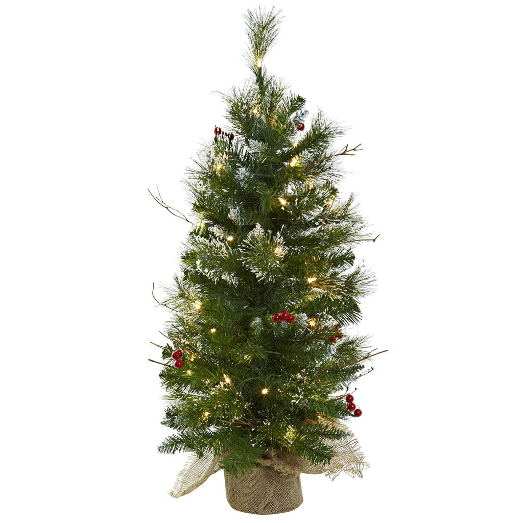 3' Christmas Tree w-Clear Lights Berries & Burlap Bag