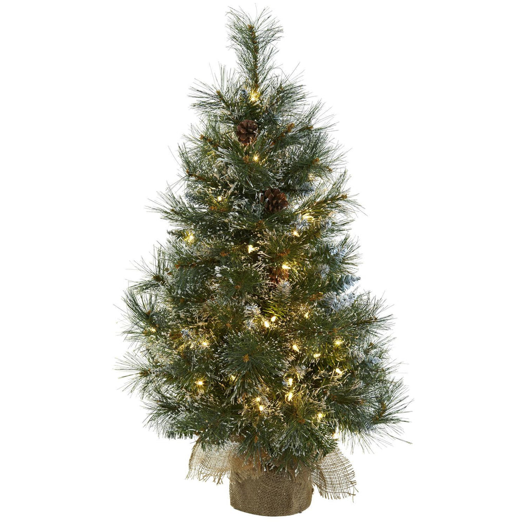 3' Christmas Tree w-Clear Lights, Frosted Tips, Pine Cones & Burlap Bag