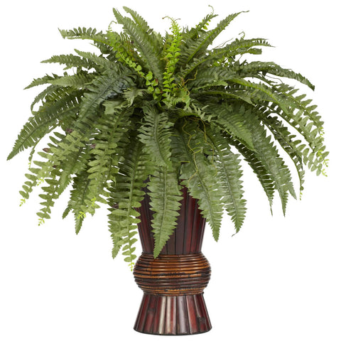 Boston Fern w-Bamboo Vase Silk Plant