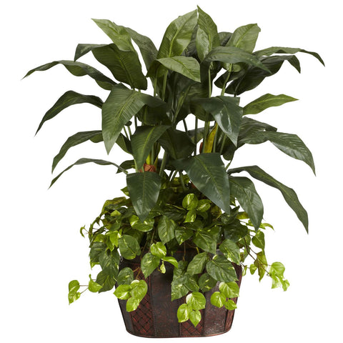 4' Double Bird of Paradise w-Vase & Pothos Silk Plant