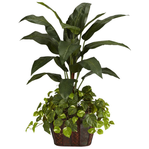 4' Bird of Paradise w-Vase & Pothos Silk Plant