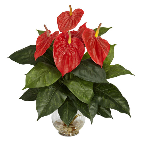 Anthurium w-Fluted Glass Bowl Silk Plant