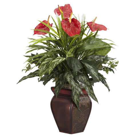 Mixed Greens & Anthurium w-Decorative Vase Silk Plant