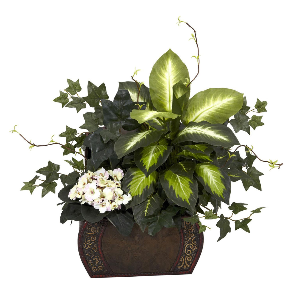 African Violet, Dieffenbachia & Ivy w-Chest Silk Plant