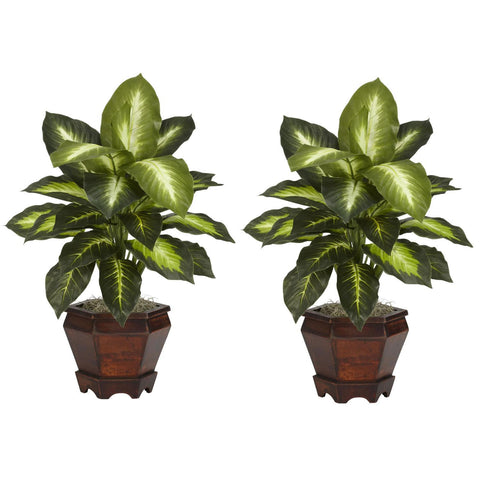 Dieffenbachia w-Wood Vase Silk Plant (Set of 2)