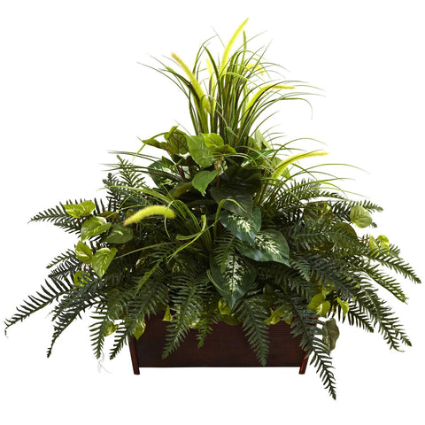 Mixed Grass & River Fern w-Wood Planter